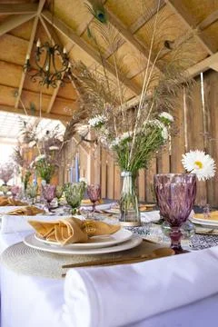 Stylish festive table setting with cutlery . top view Stock Photos