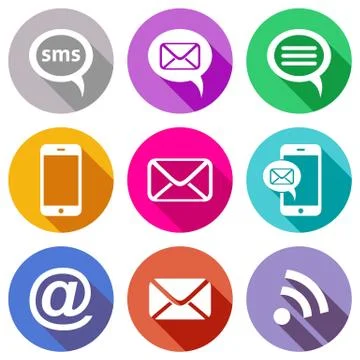 Stylish flat colourful mobile, sms and e-mail icons Stock Illustration