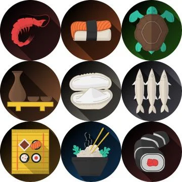 Stylish flat icons collection for seafood Stock Photos