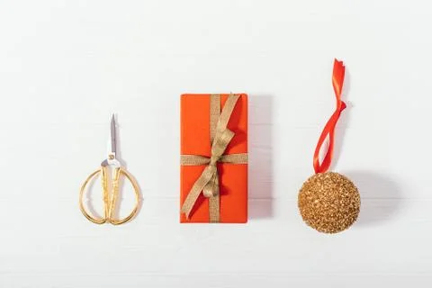 Stylish flat lay composition of items to prepare for Christmas celebration 库存照片