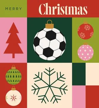 Stylish Flat Vector Christmas Ornaments Featuring Soccer Ball and Snowflake.. Stock Illustration