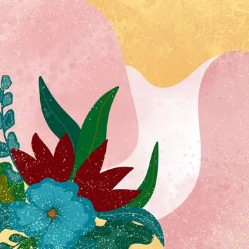 Stylish floral texture composition with bright flowers and green leaves on an Stock Illustration
