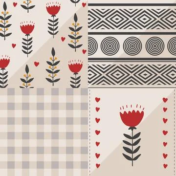 Stylish folk flower patchwork seamless pattern. Ornament in black, beige and  Stock Illustration