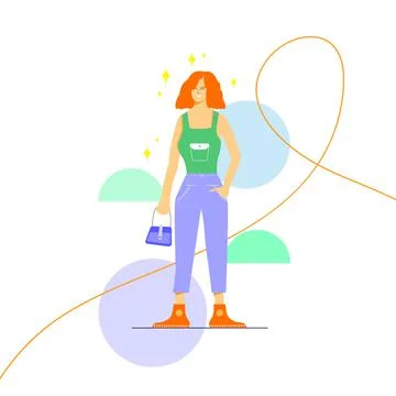Stylish girl flat character design holding tiny bag Illustrazione stock