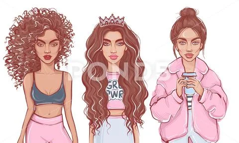 Stylish girls in fashion clothes. Hand drawn beautiful girl. Fashion women. Stock Illustration