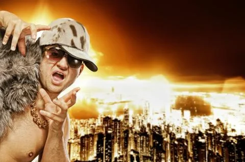 Stylish glamorous rapper in front of modern night city Stock Illustration