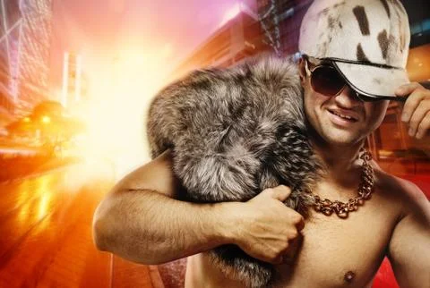 Stylish glamorous rapper in front of night city Stock Illustration