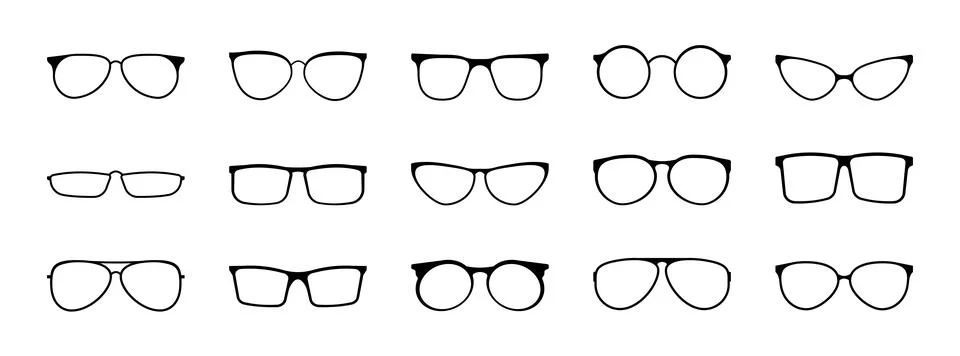 Stylish glasses with black frames of various shapes set Stock Illustration