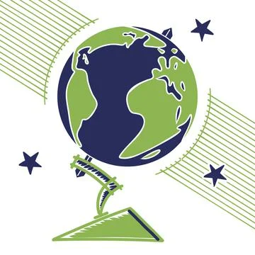 Stylish globe icon with rays and stars Stock Illustration