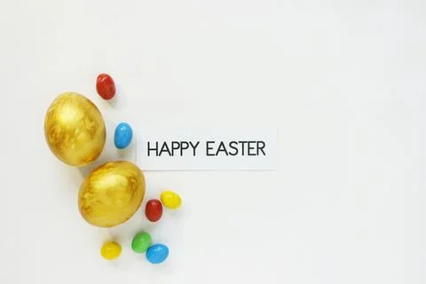 Stylish golden eggs easter concept. Flat lay trendy easter. Happy easter card Stock Photos