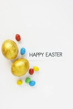 Stylish golden eggs easter concept. Flat lay trendy easter. Happy easter card Stock Photos