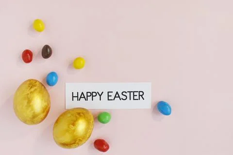 Stylish golden eggs easter concept. Flat lay trendy easter. Happy easter card Stock Photos
