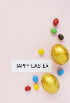 Stylish golden eggs easter concept. Flat lay trendy easter. Happy easter card Stock Photos