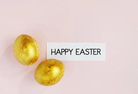 Stylish golden eggs easter concept. Flat lay trendy easter. Happy easter card Stock Photos