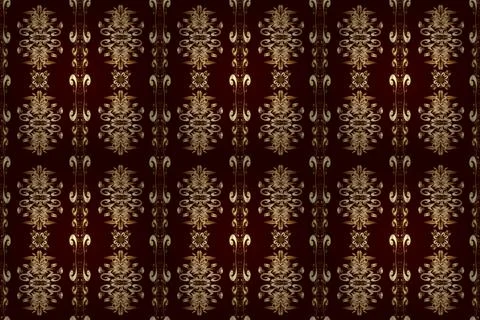 Stylish graphic pattern. Seamless raster background. Golden elements on brown, y Stock Illustration