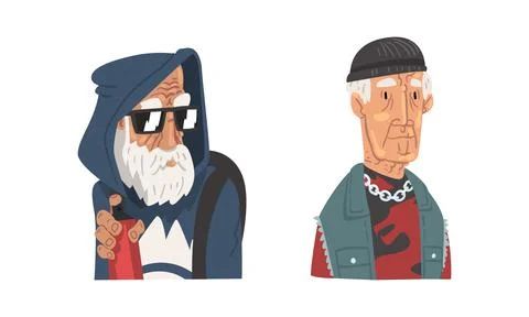 Stylish Gray Haired Senior Man Hipster Wearing Glasses Vector Set Stock Illustration