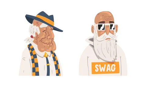 Stylish Gray Haired Senior Man Hipster Wearing Glasses and Hat Vector Set Stock-Illustration