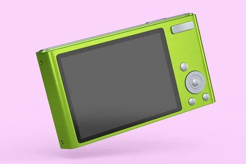 Stylish greeb compact pocket digital camera isolated on pink background Illustrazione stock