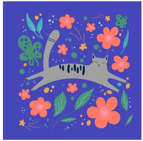 Stylish hand-drawn square shaped poster with cat. Vector childish illustration Stock Illustration