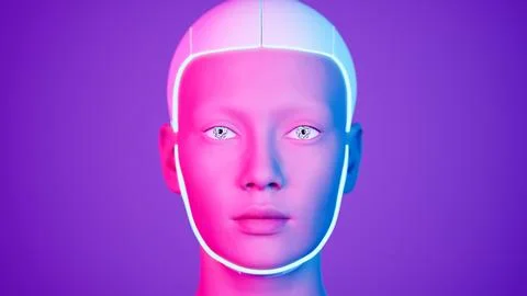 Stylish handsome cyborg head rotating. 3d render of Futuristic woman Illustrazione stock