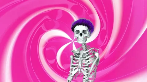 Stylish human skeleton with bright purple curly hair sways and poses against a Stock-Footage 344567991