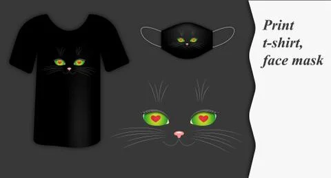 Stylish image of the face of a cat in love on a t-shirt and face mask. Stock Illustration