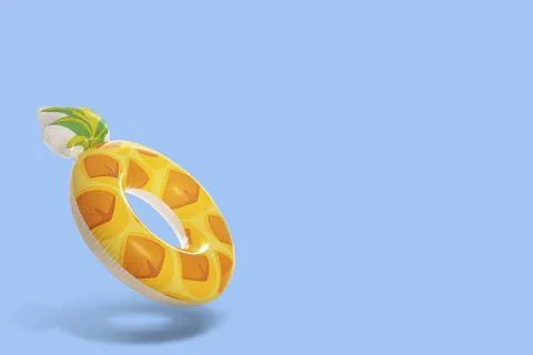 Stylish inflatable pineapple shaped ring in air on light blue background. S.. 스톡 사진