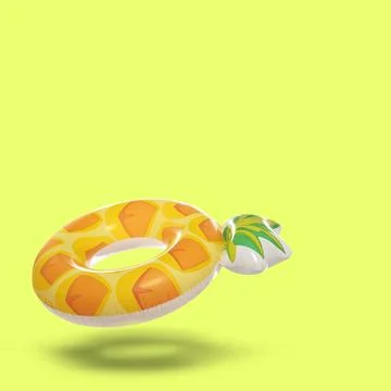 Stylish inflatable pineapple shaped ring in air on yellow background. Space.. 스톡 사진