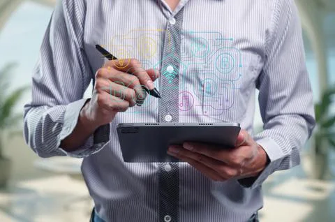 Stylish Interface Design Creation on Tablet in Modern Home Setting Stockfoto's