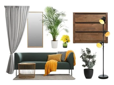 Stylish interior design. Different decorative elements and furniture on whi.. Stock Photos