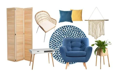 Stylish interior design. Different decorative elements and furniture on whi.. Stock Photos