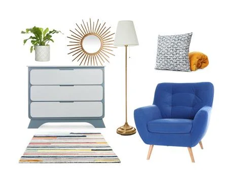 Stylish interior design. Different decorative elements and furniture on whi.. Stock Photos