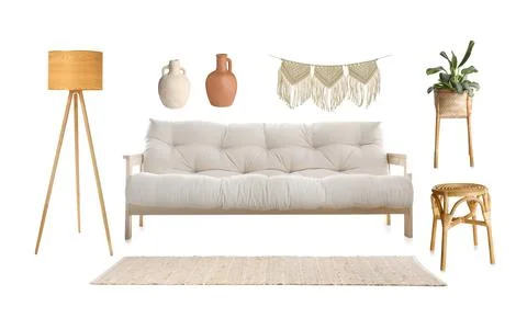 Stylish interior design. Different decorative elements and furniture on whi.. Stock Photos