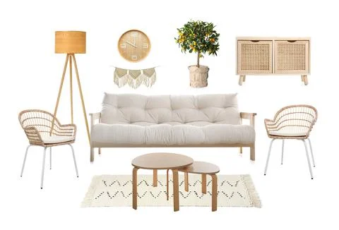 Stylish interior design. Different decorative elements and furniture on whi.. Foto stock