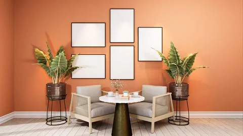Stylish interior design of dining room with table chair, tropical plant in ce Stock Illustration