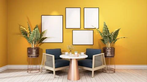 Stylish interior design of dining room with table chair, tropical plant in ce Stock Illustration