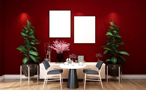 Stylish interior design of dining room with table chair, tropical plant in ce Stock Illustration
