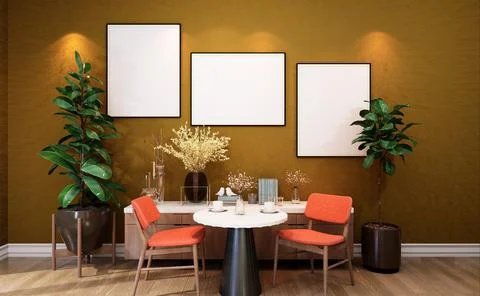 Stylish interior design of dining room with table chair, tropical plant in ce Stock Illustration