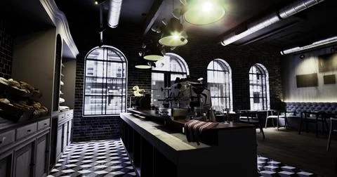 Stylish interior of a modern cafe with large windows and unique decor Illustrazione stock