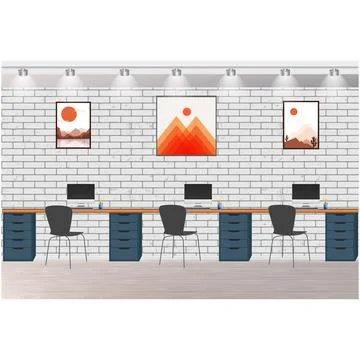 STYLISH INTERIOR WORKPLACE WITH COMPUTERS ON TABLE Stock Illustration