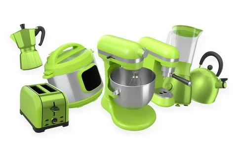 Stylish kitchen appliances including a kettle, moka pot, toaster, and espress Stock Photos