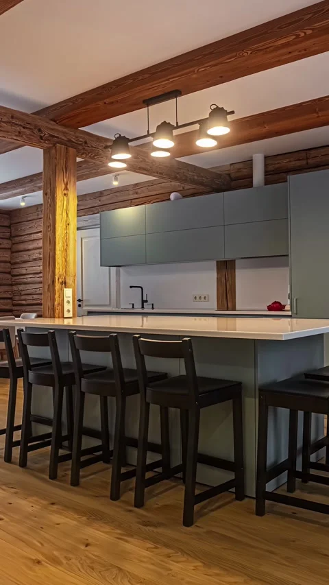 Stylish Kitchen Interior Featuring Wooden Beams and Sleek Design Elements Video stock 318347871