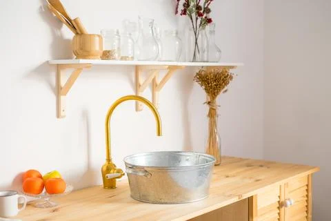Stylish kitchen interior with green plants. Home decoration Stock Photos