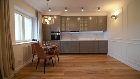 Stylish kitchen living room interior Video stock 124087997