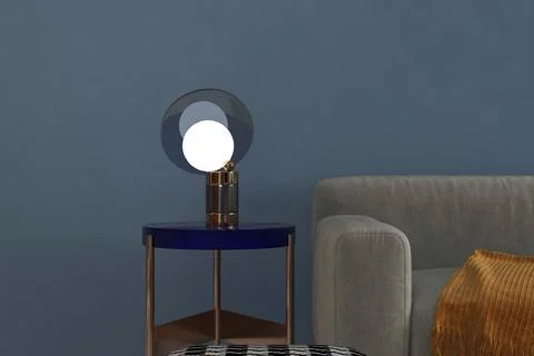 Stylish LED Table Lamp Light on Blue side Table, Top Blue Paint Background .. Stock Illustration