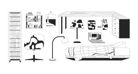 Stylish loft bed items 2D line objects set Stock Illustration