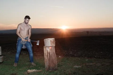The stylish lumberjack at work. Stock Photos