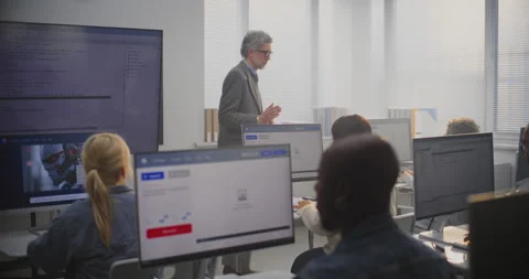 Stylish Male Instructor Explaining AI Generation Principles to Adult Students Stock Footage 321256121