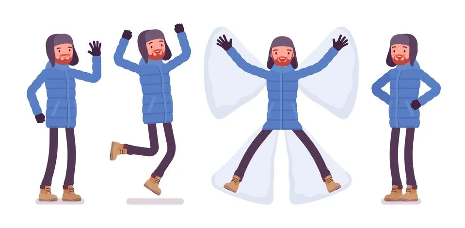 Stylish man in blue down jacket positive emotions Stock Illustration