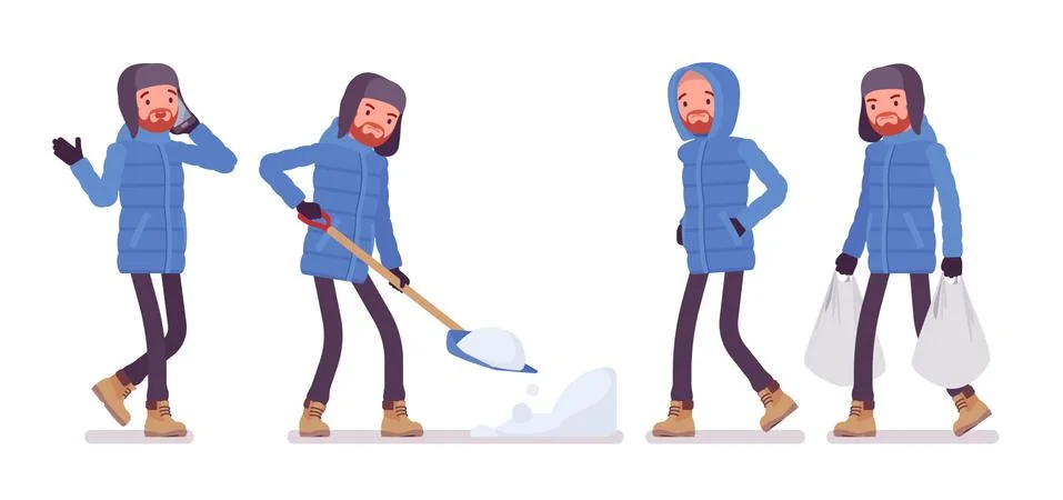 Stylish man in a blue down jacket doing winter activity Stock Illustration